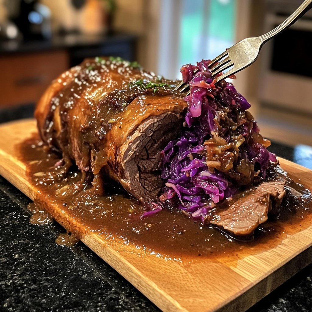 Geschmorte Rinderrouladen mit Rotkohl und Klößen