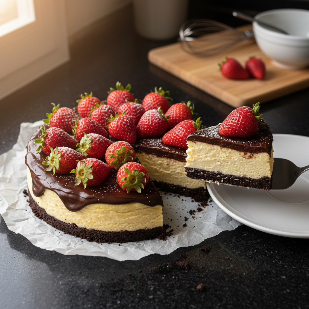 Schokoladenüberzogener Erdbeer Käsekuchen