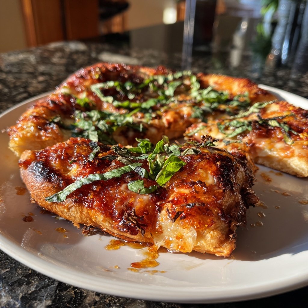 Heißhonig Pizza mit frischem Basilikum