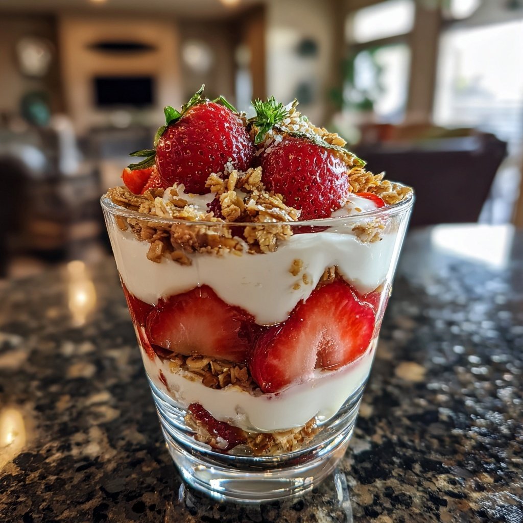 Vanille-Erbeeren Parfait geschichtet