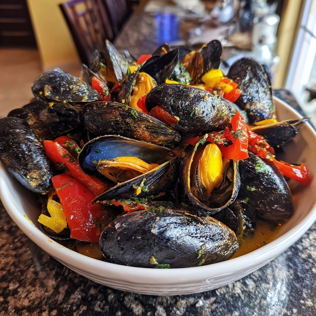 Gedämpfte Muscheln mit Paprika