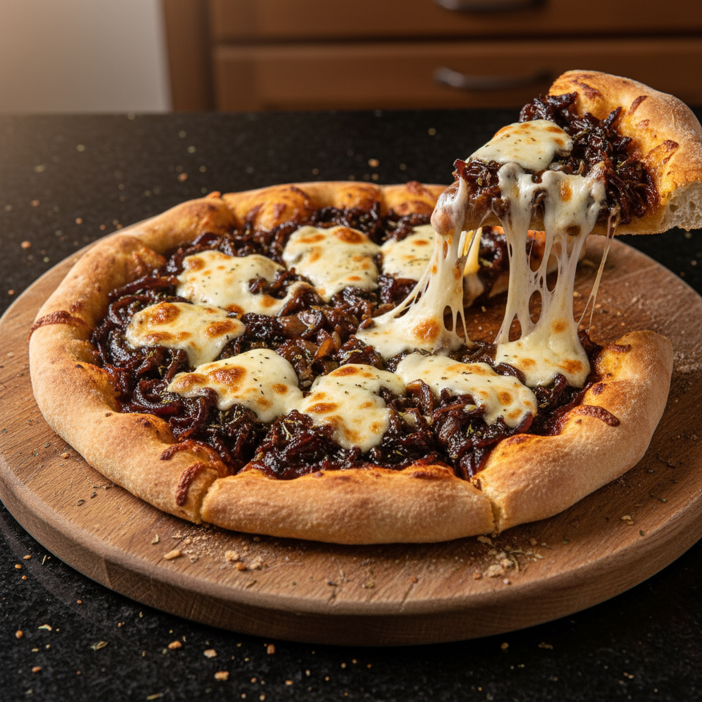 Karamellisierte Zwiebel Pizza mit Mozzarella