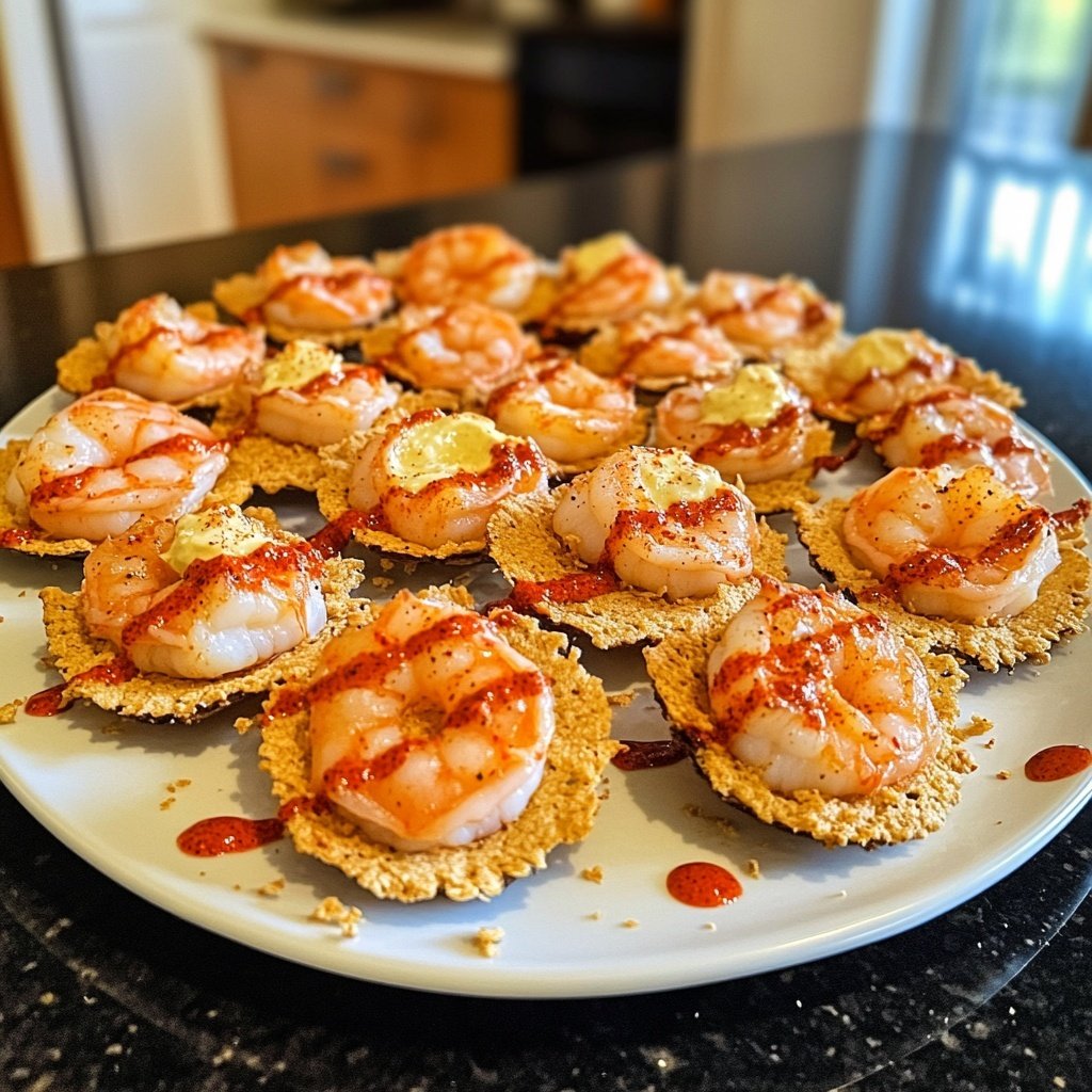 Rotgarnelen mit Paprika-Aioli auf Knoblauch-Croûtons