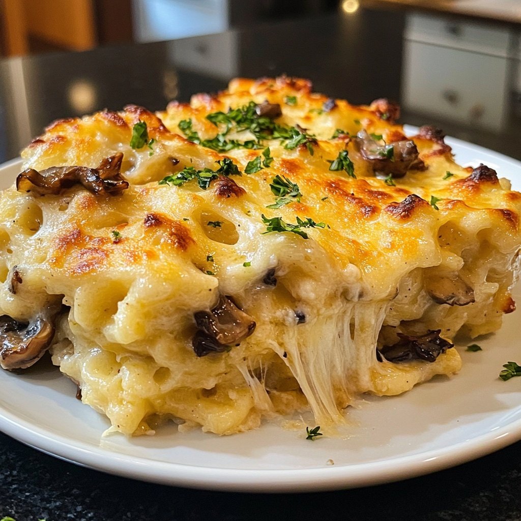 Kräuter-Käsespätzle Auflauf mit Waldpilzen