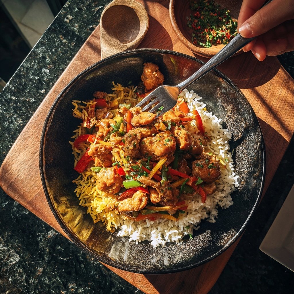 Einfache würzige Hühnchen-Reis-Bowl