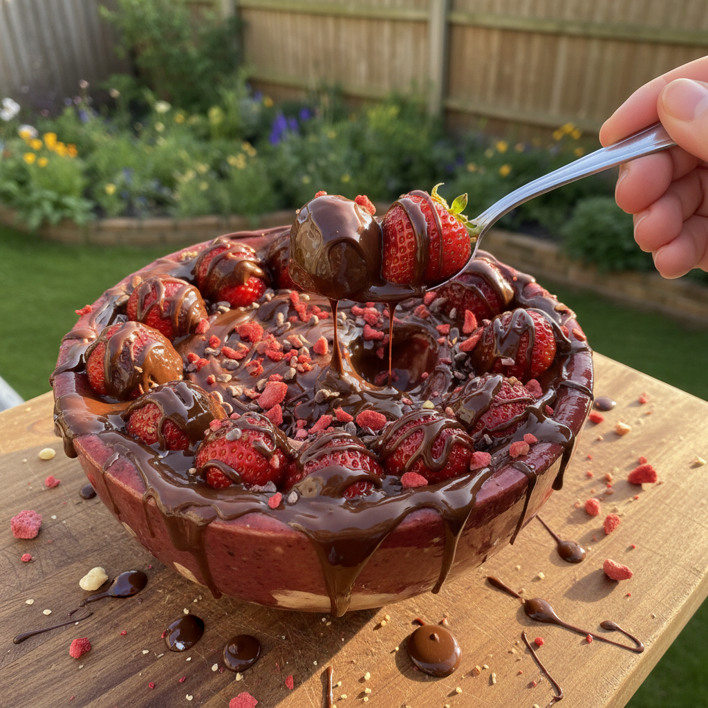 Schokoladenüberzogene Erdbeer Smoothie Bowl
