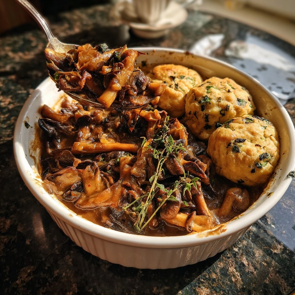 Pilz-Maronen Ragout mit Ofenknödeln und Rotkraut