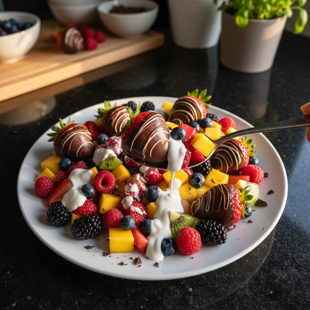 Fruchtsalat mit Schokoladenüberzogenen Erdbeeren