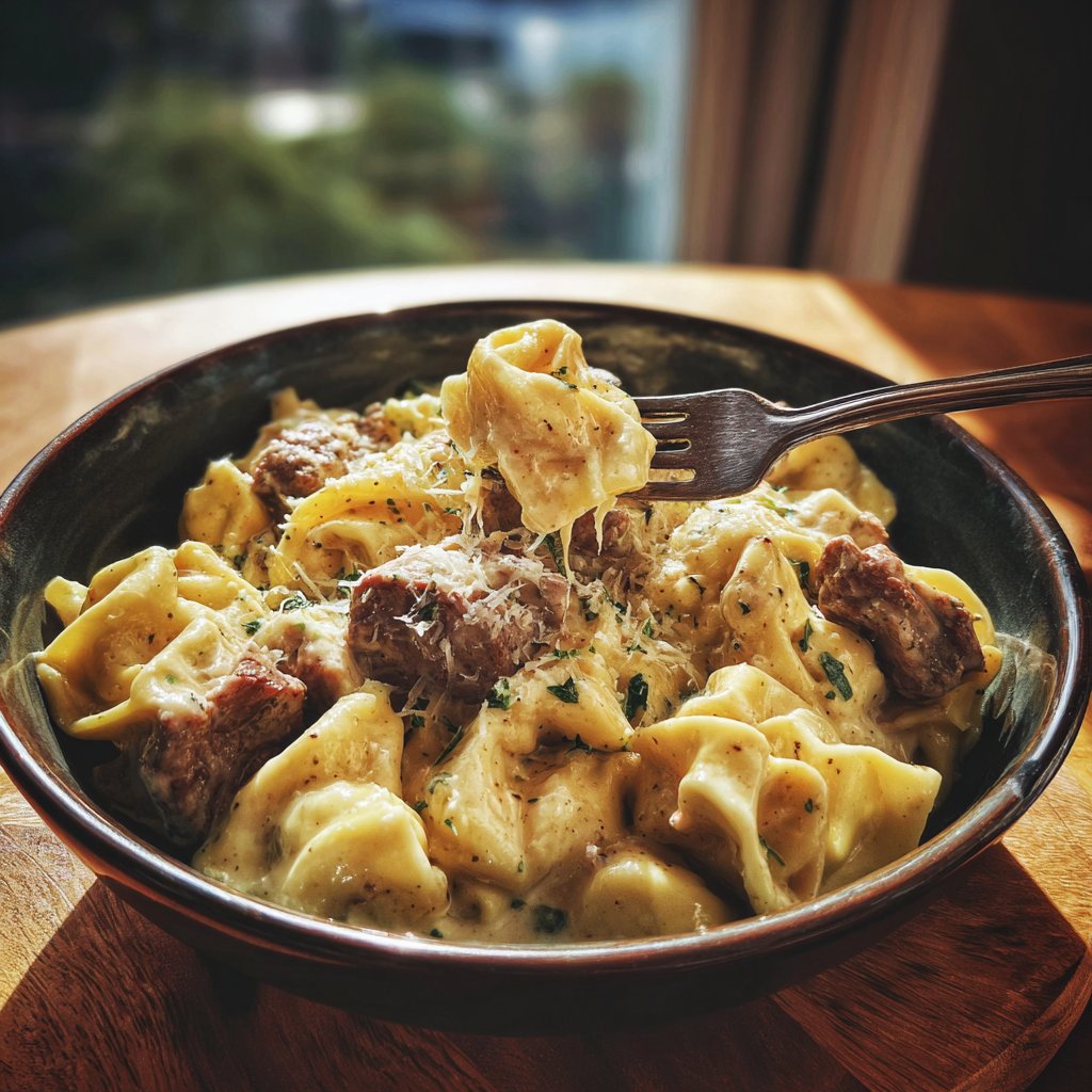Knoblauch-Steak-Tortellini mit Parmesan-Creme-Sauce